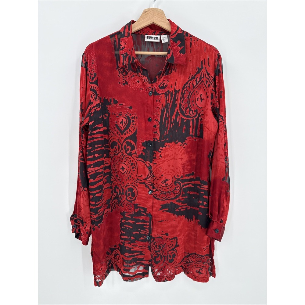 Chico's Womens Red Silk Blend Burnout Long Sleeve Tunic Size 2/Large Artsy